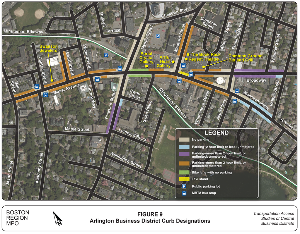 Arlington Business District Curb Designations
This figure is a map showing the curb lane designations in the Arlington central business district, and the businesses where customer surveying was conducted.
